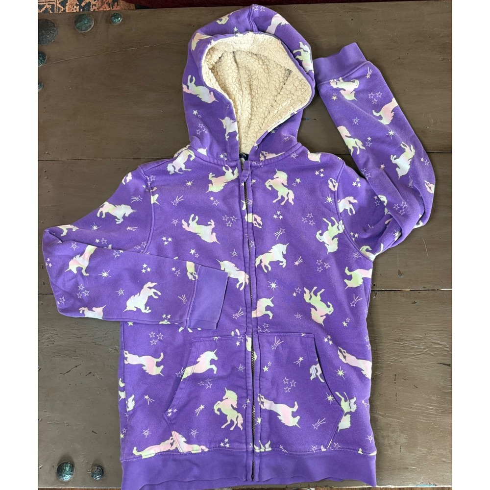 Lands End Girls Purple Unicorn Sherpa Lined Full Zip Hoodie Sweatshirt 10-12 M